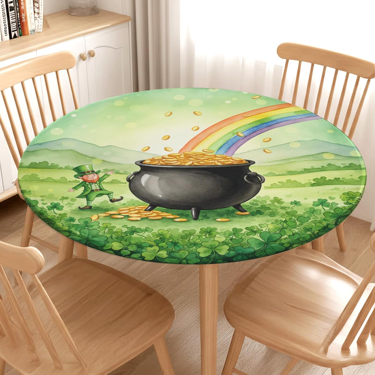 St Patricks Day Round Fitted Tablecloth with Elastic Green Irish Shamrock Circle Table Cover for 40-44" Tables Waterproof Washable Spring Clover Rainbow Coins Table Cloth for Picnic Dining Party Decor - Image 8