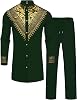 Mens African 2 Piece Set Metallic Traditional Suit Gold Stamp Printed African Dashiki Shirt and Pants Outfit