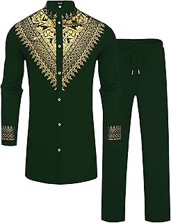 Mens African 2 Piece Set Metallic Traditional Suit Gold Stamp Printed African Dashiki Shirt