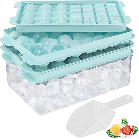 Korlon Ice Trays for Freezer with Lid and Bin, 64 PCS Ice Cube Trays, Round Ice Cube Molds & Square Container for Making Cocktail Whiskey Tea & Coffee