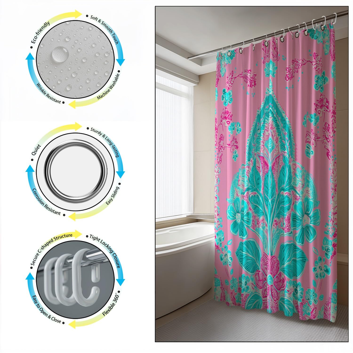 Generico Fantasia Tenda Da Doccia Simmetria Elegante Fiori Rosa Ciano, Tenda Da Doccia Per Bagno, Vasca Da Bagno, Tenda In Poliestere Impermeabile Con Ganci In Plastica, 180 x 200 cm