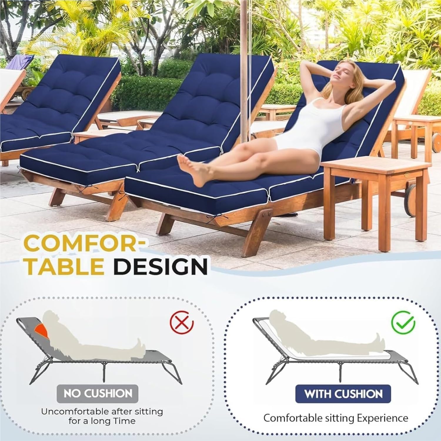76 X 23 Outdoor Chaise Lounge Cushion - 4.7 Inch Thick Waterproof Patio Pad with Non-Slip Backing & 6 Ties for Poolside(Green Coconut)