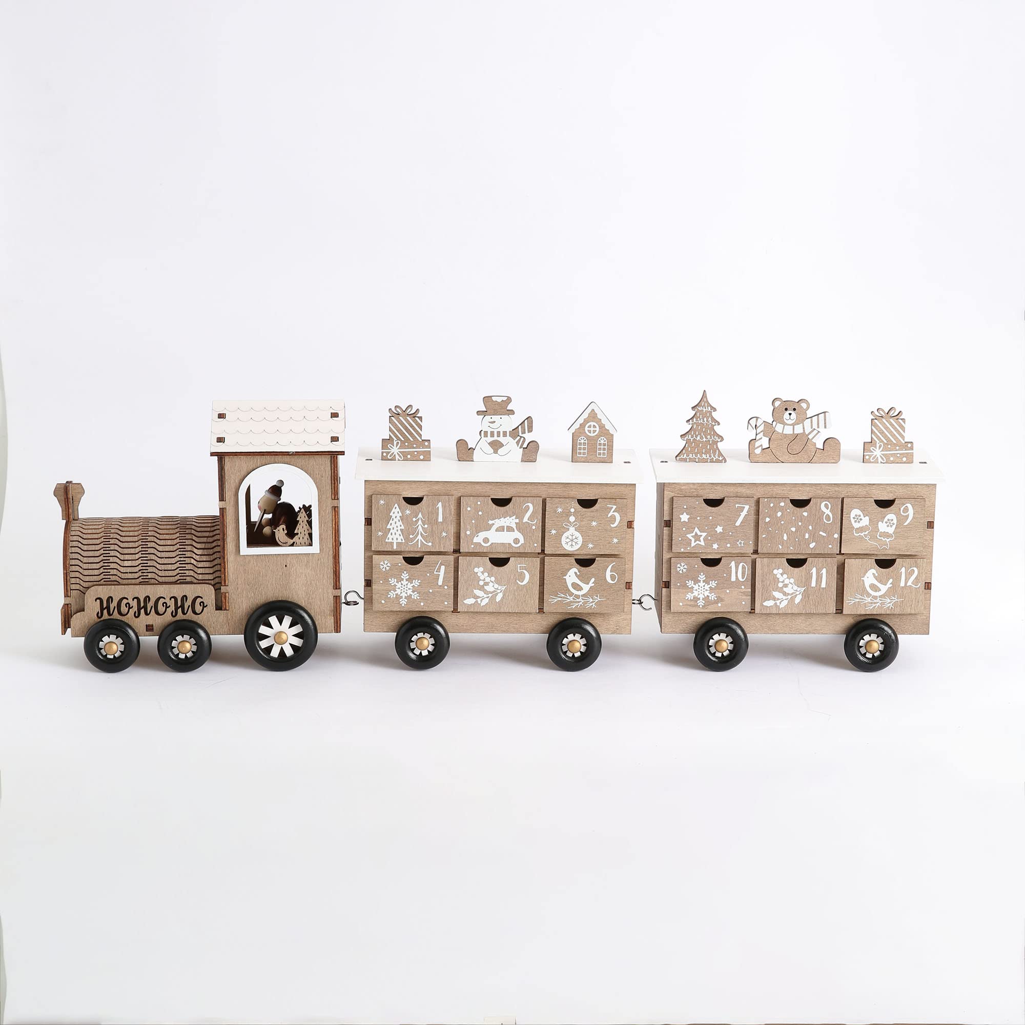 PE Weihnachts-Adventskalender aus Holz in Form eines Zuges mit 24 Schubladen für den Weihnachtscountdown als Tischdekoration (weiß und naturfarben)