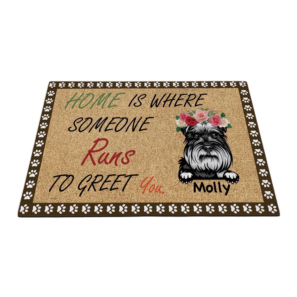 Alfombra Puerta Antideslizante Alfombra De Baño Divertidos Felpudo De Entrada 40X60Cm Perro Schnauzer - Huellas De Patas De Perro con Flores De Rosas - El Hogar Es Donde Alguien Corre A Saludarte