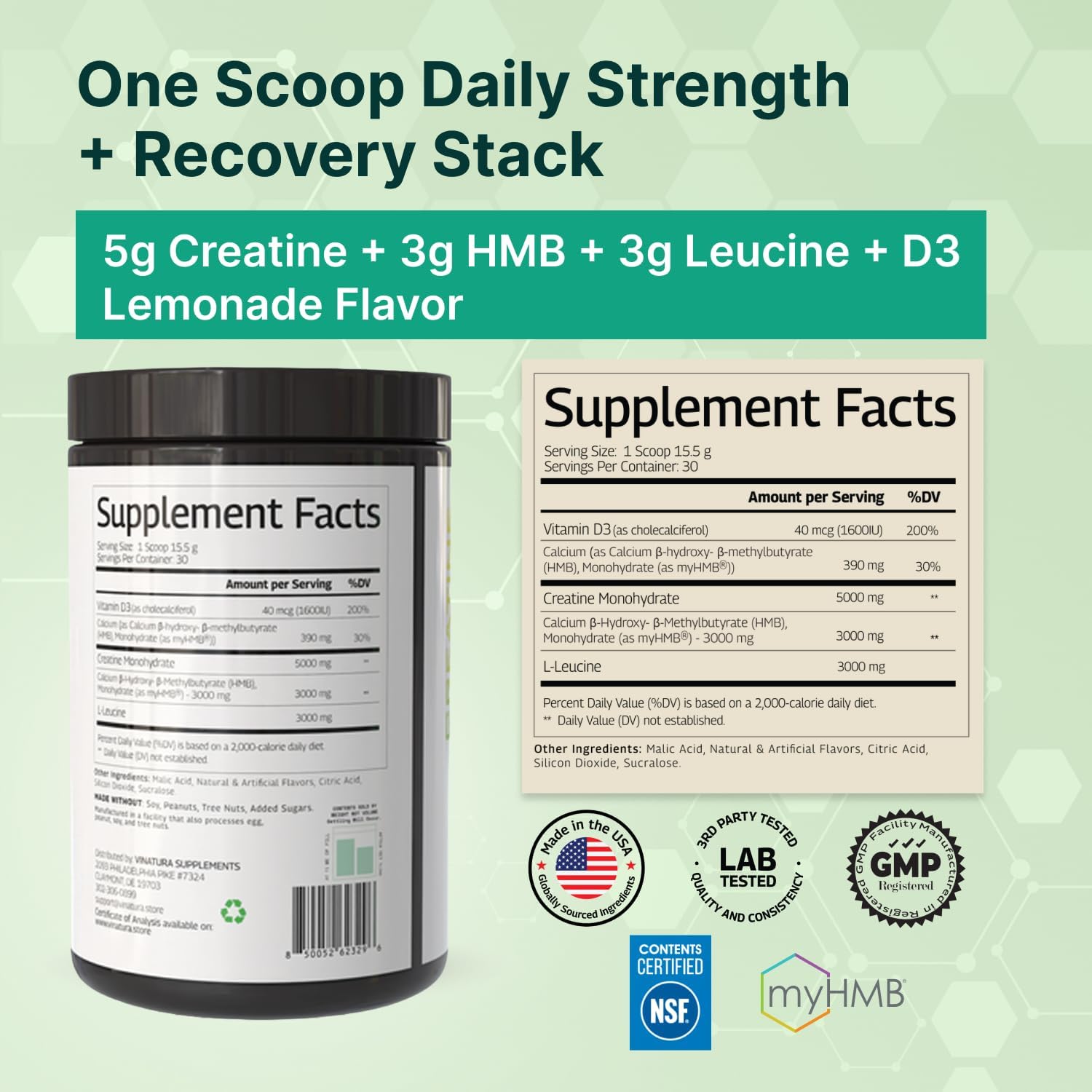 VINATURA HMB Creatine Leucine Powder - 5g Creatine Monohydrate, 3g HMB Supplement, 3g L-Leucine - Vitamin D3, Vegan Lemonade Flavor, Muscle & Strength Support - 30 Servings