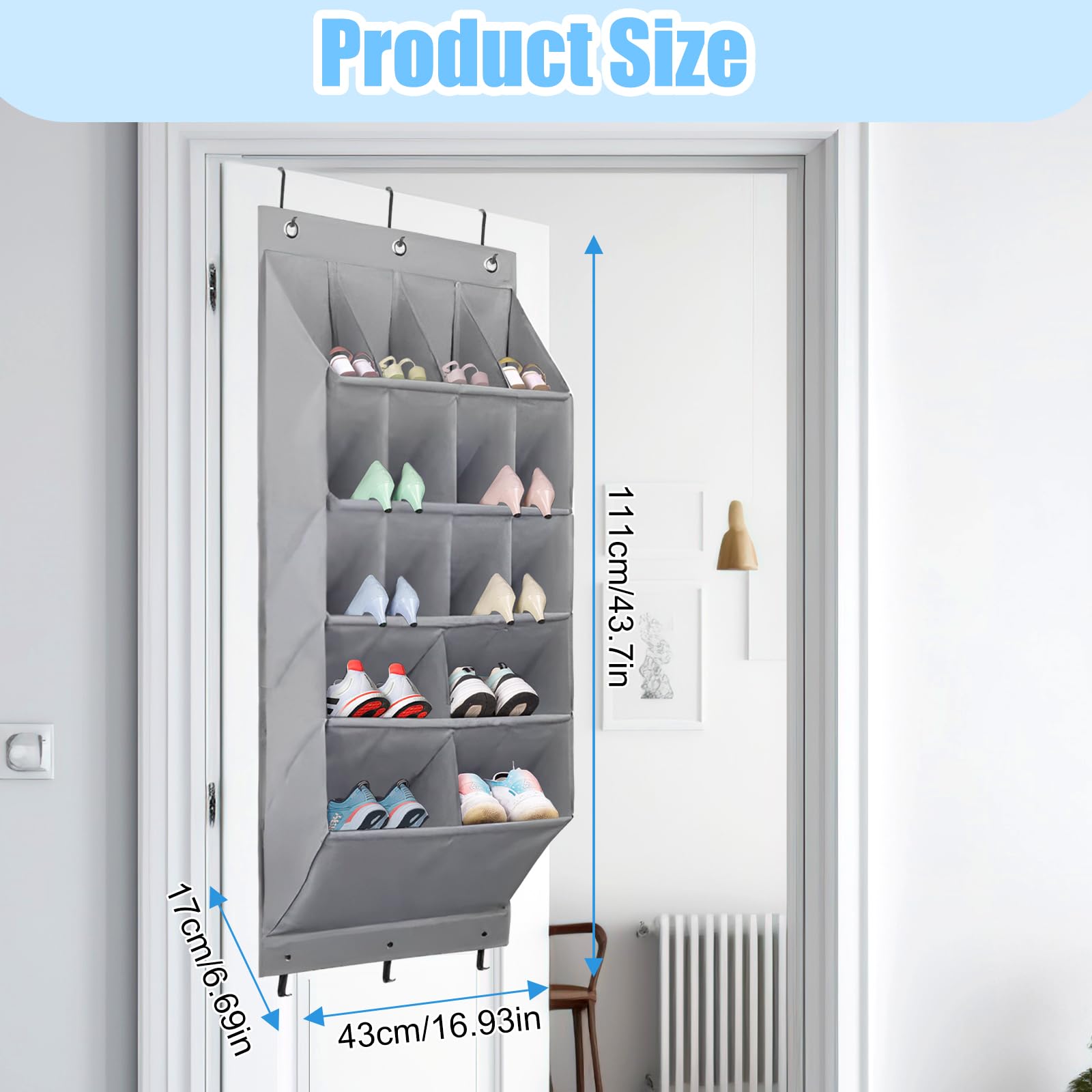 1 confezione organizer per scarpe da appendere sopra la porta scarpiera con 16 tasche portascarpe per armadio e dormitorio, organizer per scarpe (grigio)