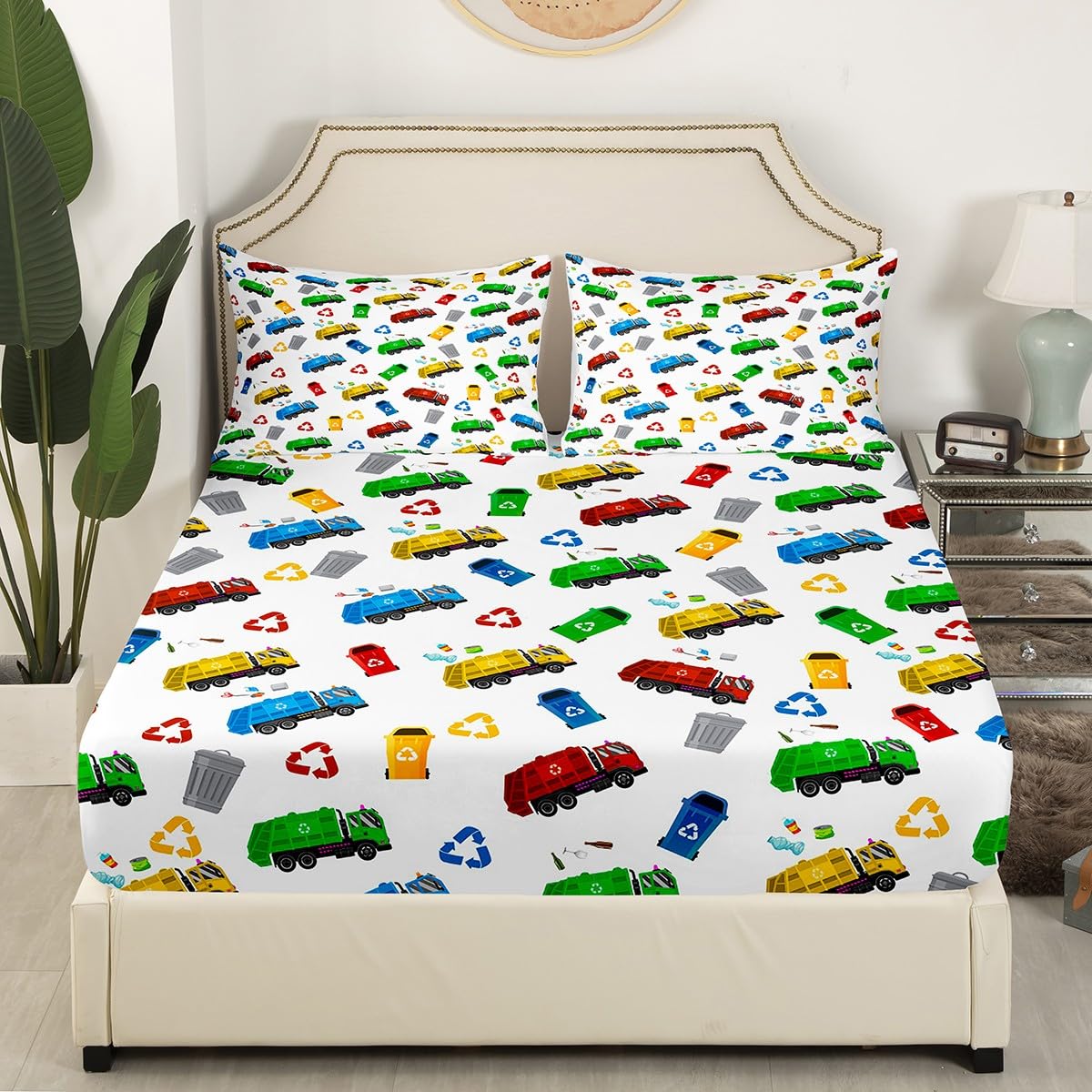 Garbage Truck Kids Fitted Sheet Full Size,Cartoon Trash Truck Transport Vehicles Bedding Set,Boys Girls Adults Room Decor,Trash Can Chic Bed Cover,Colorful Bright Bed Sheet,2 Pillowcases