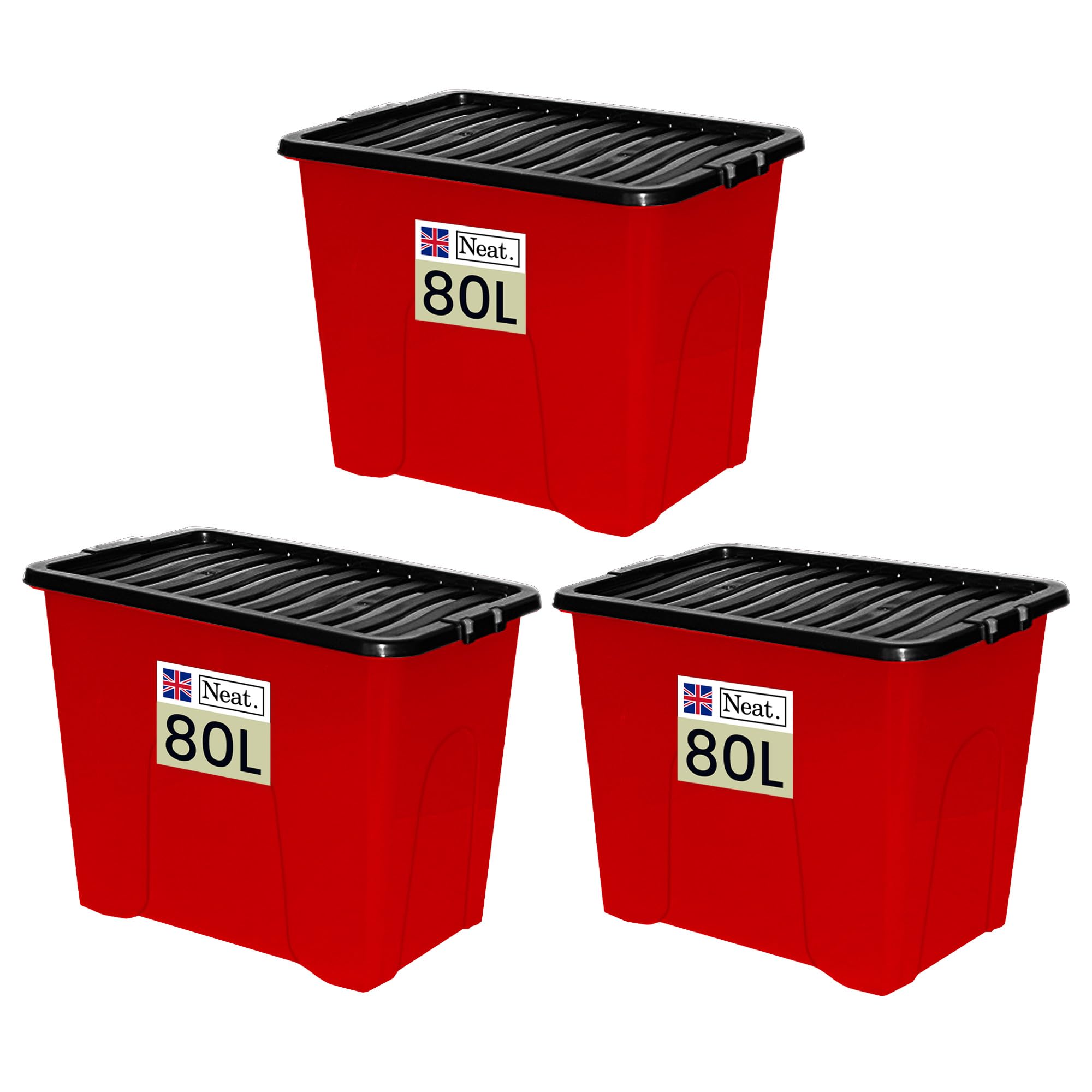Neat. 80L Storage Boxes with Lids - Red Base & Black Clip Lid Ideal for Home Organisation, Durable, Space-Saving Plastic Box with Lid Storage Solutions Great for Bedroom, Garage & Office Use Pack of 3