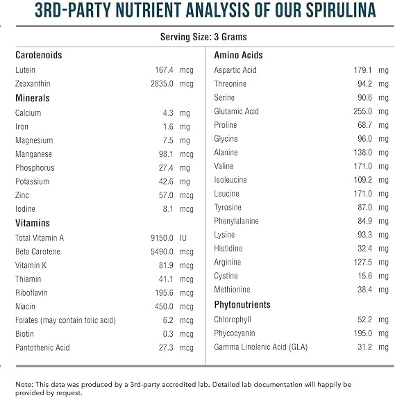 Organic Spirulina Powder Made with Parry Spirulina, Known for Superior Purity and Nutrient Density Vegan Farming Non-Irradiated Blue-Green Algae Superfood Supplement 75 Servings 8 oz