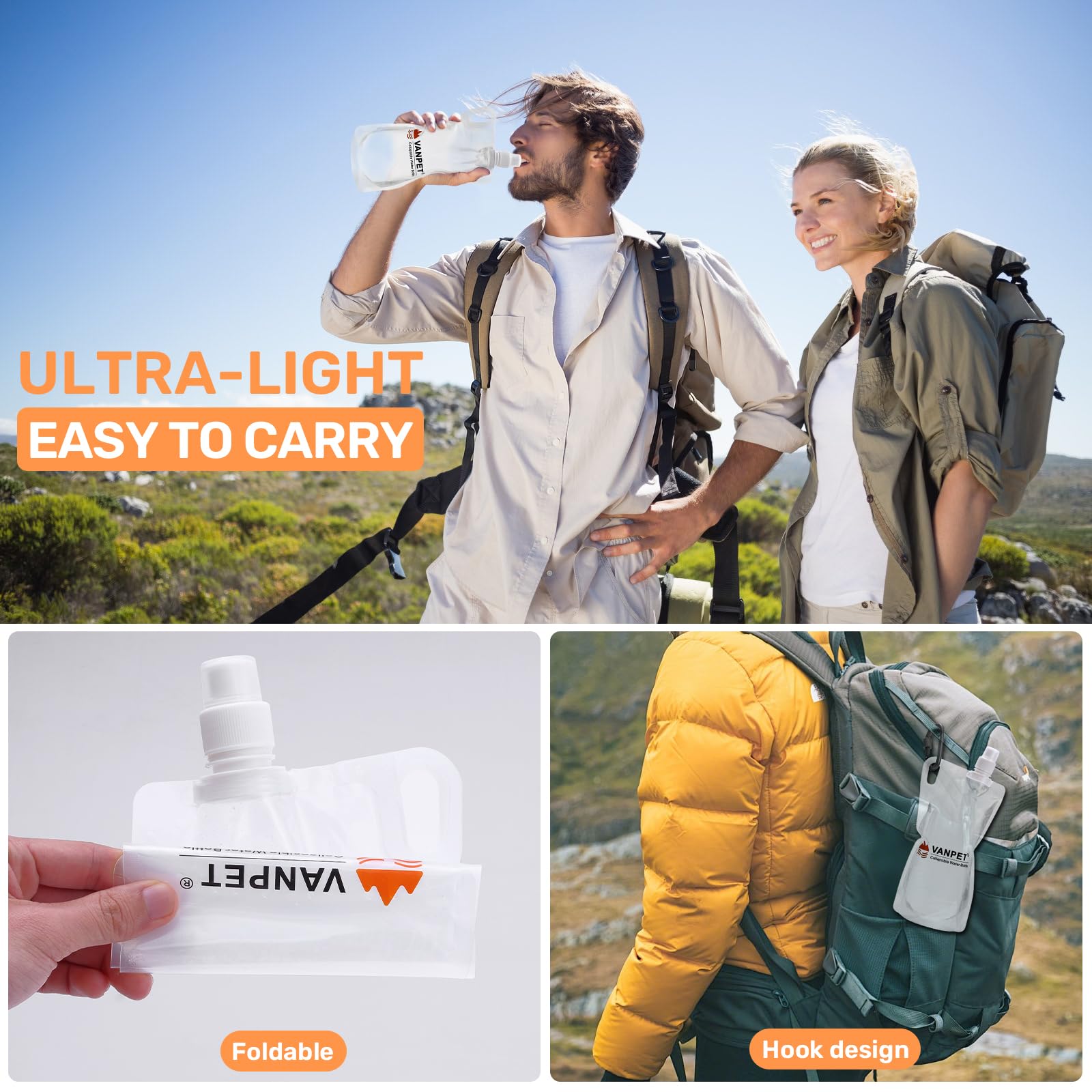 VANPET Faltbare Wasserflaschen, 1 l, BPA-frei, faltbar, für Reisen, Camping, Wandern, 4 Stück