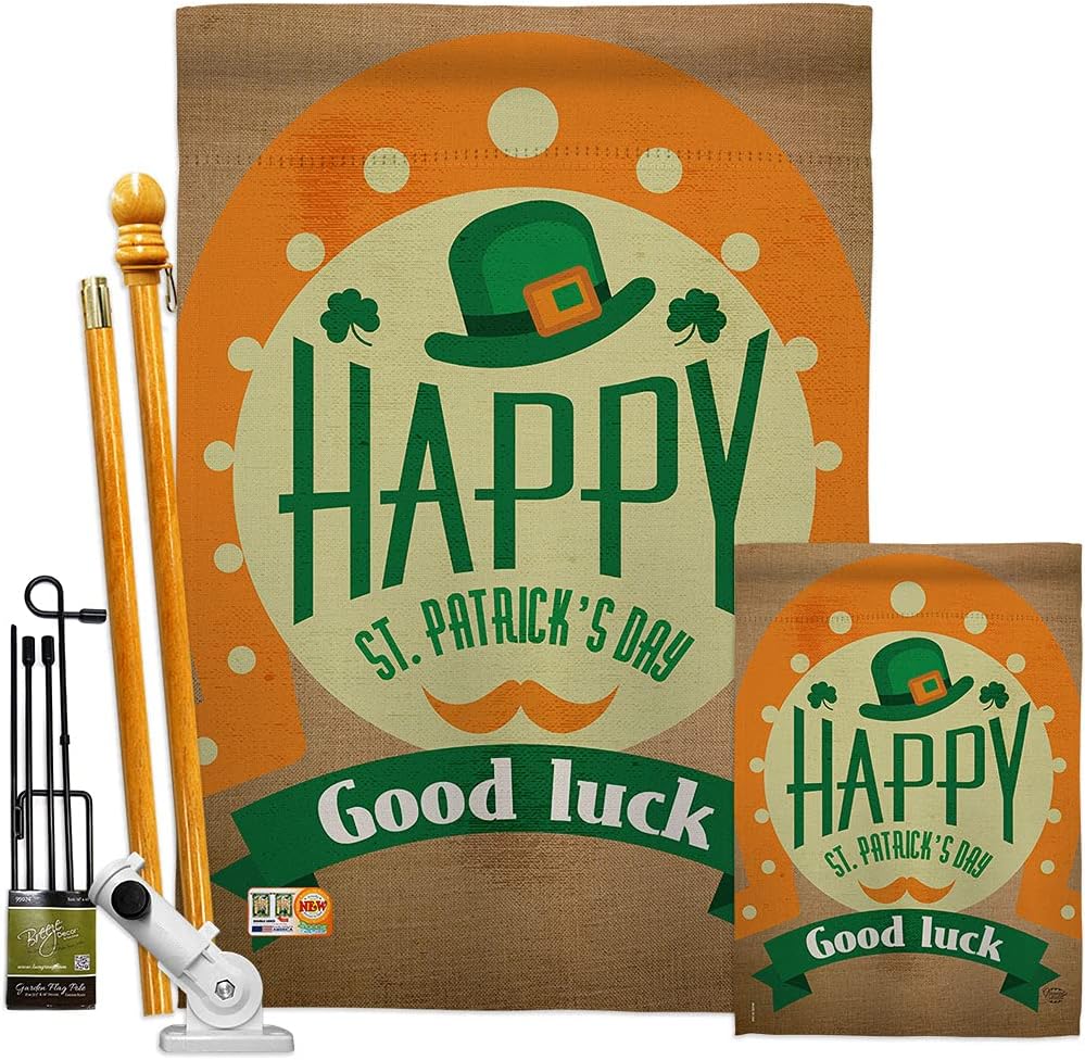 Good Luck St Patricks Day House Flag Springtime Patrick Shamrock Leprechaun Lucky Coin Holiday March Irish Clover Small Decorative Gift Yard Banner Double-Sided Made In USA 28 X 40