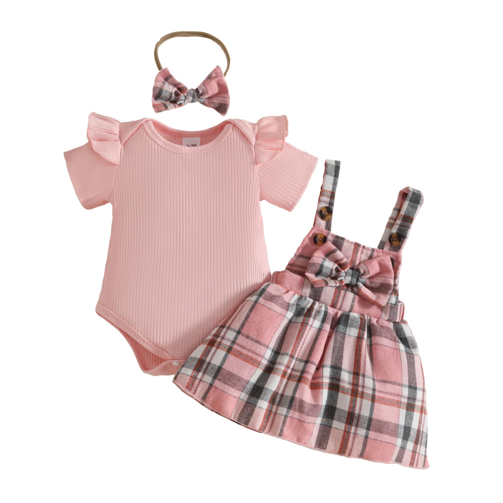 Baby Mädchen Sommer Röcke Sets Kleid Säugling Kurzarm Geripptem Oberteil mit Schleife/Plaid Cord Hosenträgerrock Set 3-teiliges Outfits