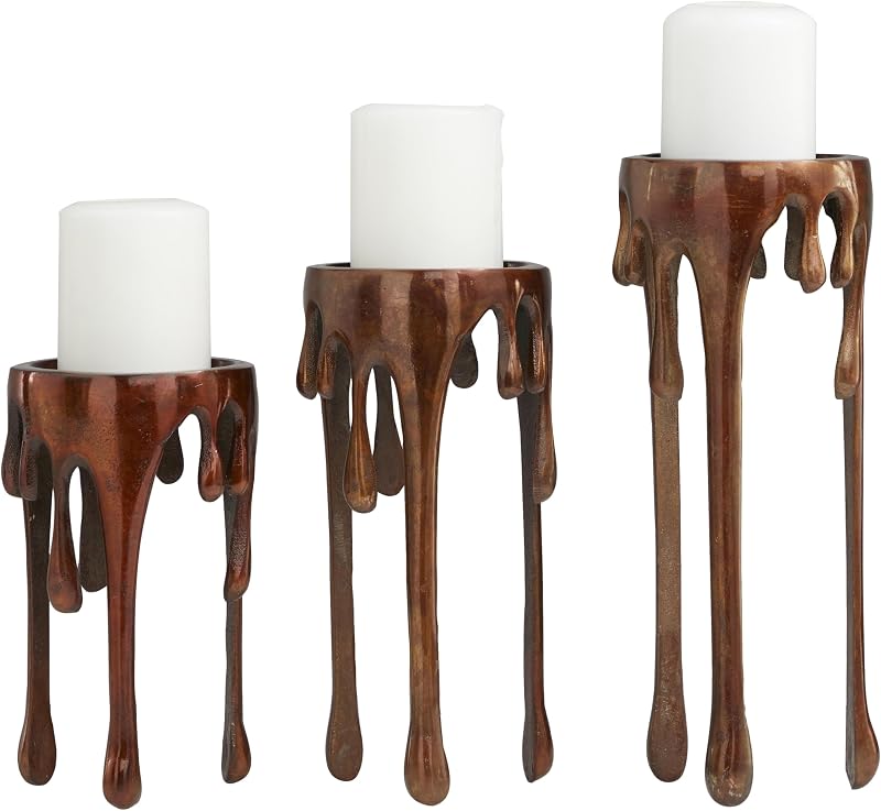 Deco 79 Aluminum Pillar Candle Holder with Dripping Melting Designed Legs, Set of 3 13",10",9"H, Copper