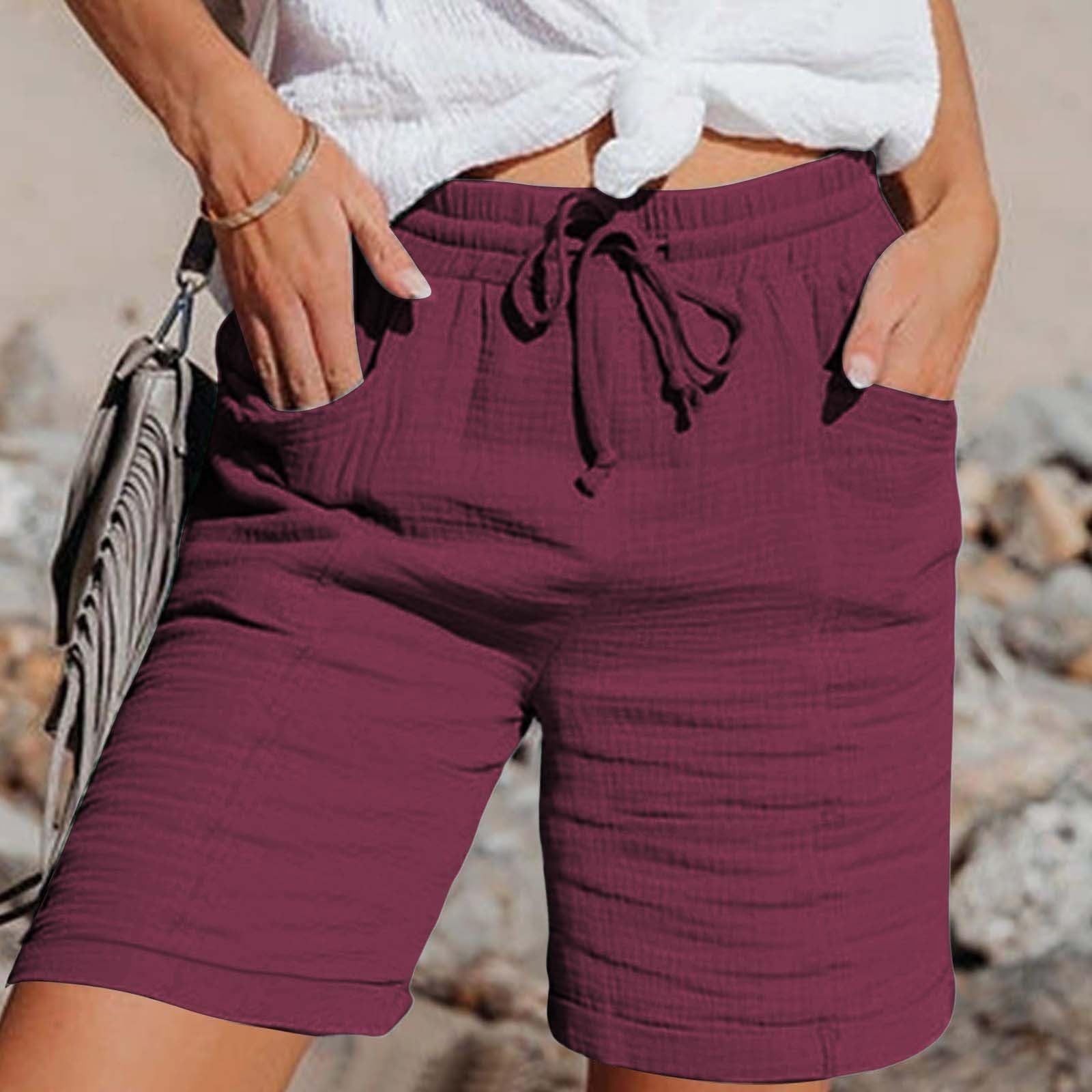 Generisch Short blanc tendance et décontracté pour femme en coton et lin de couleur unie avec taille élastique