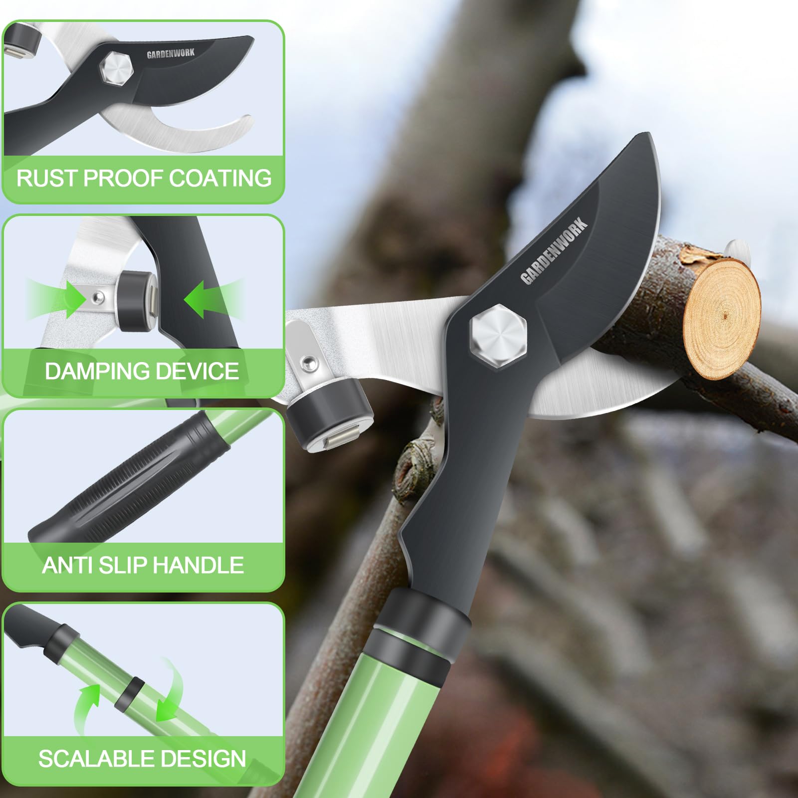 GARDENWORK Cortadora de árbol extensible con acción compuesta, cortador de ramas telescópico resistente de 17 a 23 pulgadas, corte de hoja afilada SK5 de 2 pulgadas, arbustos y ramas