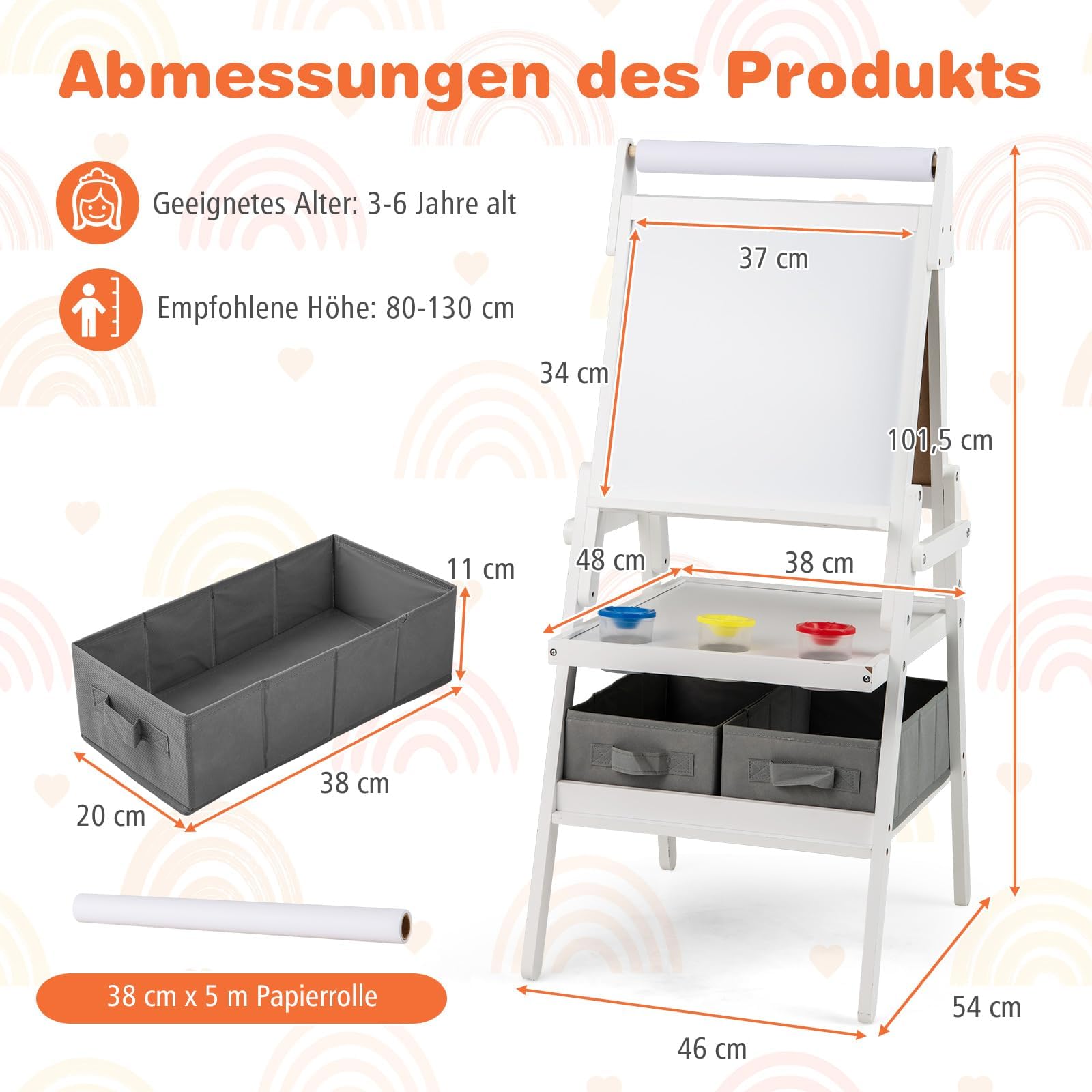 FANTASK Pizarra infantil 3 en 1 de doble cara con rollo de papel, pizarra magnética y pizarra blanca, incluye 3 vasos de pintura y 2 cajas, caballete para niños a partir de 3 años (color blanco)