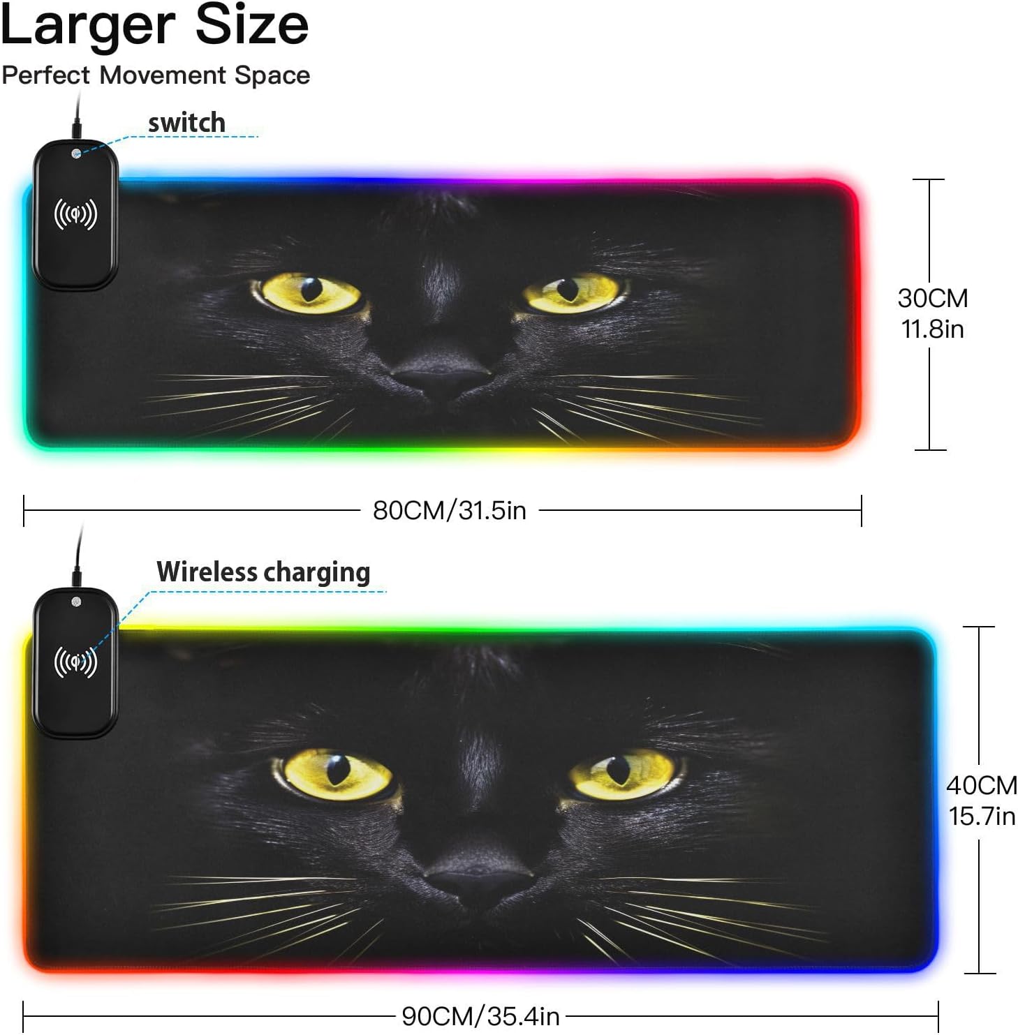 xigua Black Cat RGB Mouse Pad 35.4 x 15.7 Inch Soft LED Gaming Mouse Pad Non-Slip Base Smooth Surface Mousepad Desk Mat 14 Lighting Modes