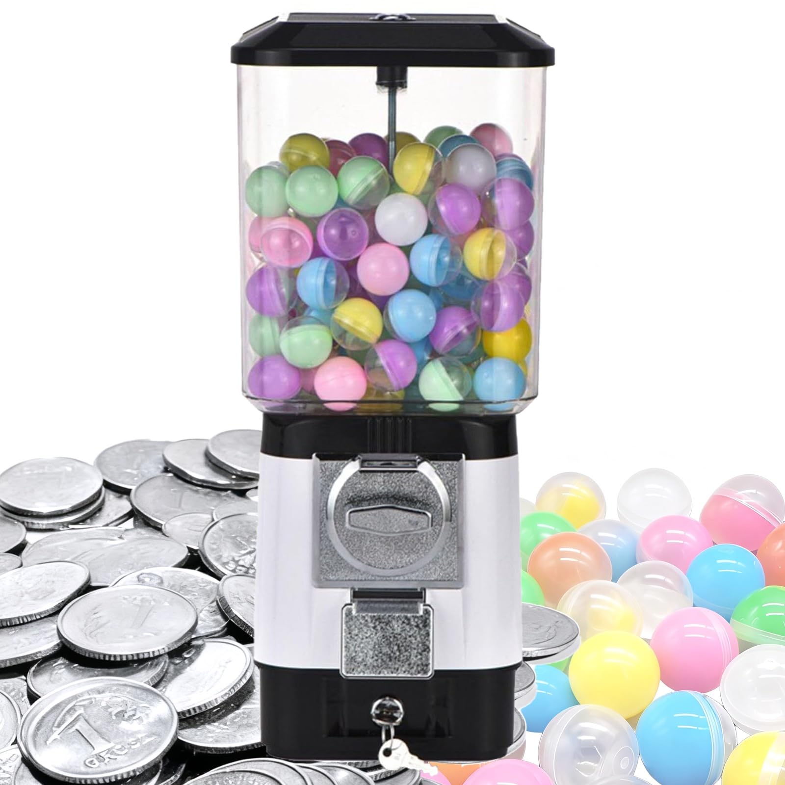 Distributori automatici di caramelle, distributore di gomme da masticare a gettoni, 200 palline vuote, 100 gettoni in acciaio inossidabile, salvadanaio a gettoni for capsule giocattolo(Silver)