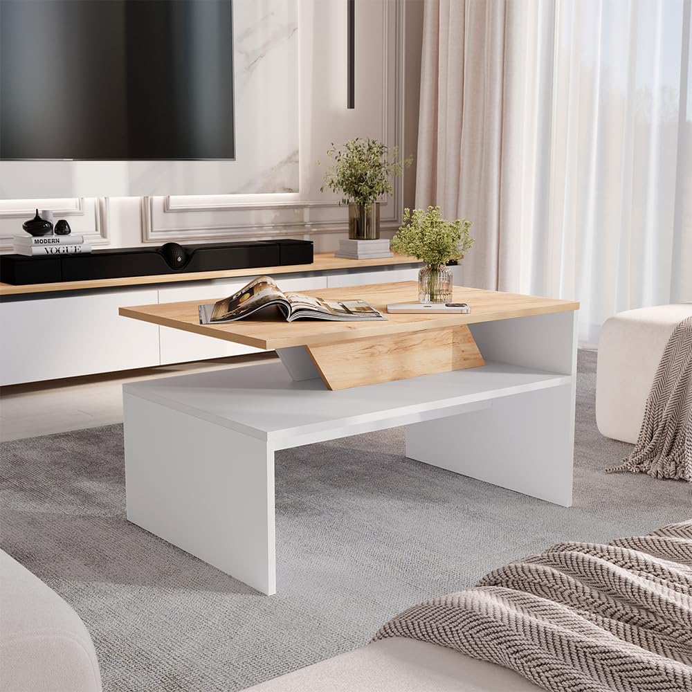 Vicco Tavolino da salotto Arden, Bianco/Artisan, 80 x 52.6 cm | con vano portaoggetti sotto il piano del tavolo per la conservazione