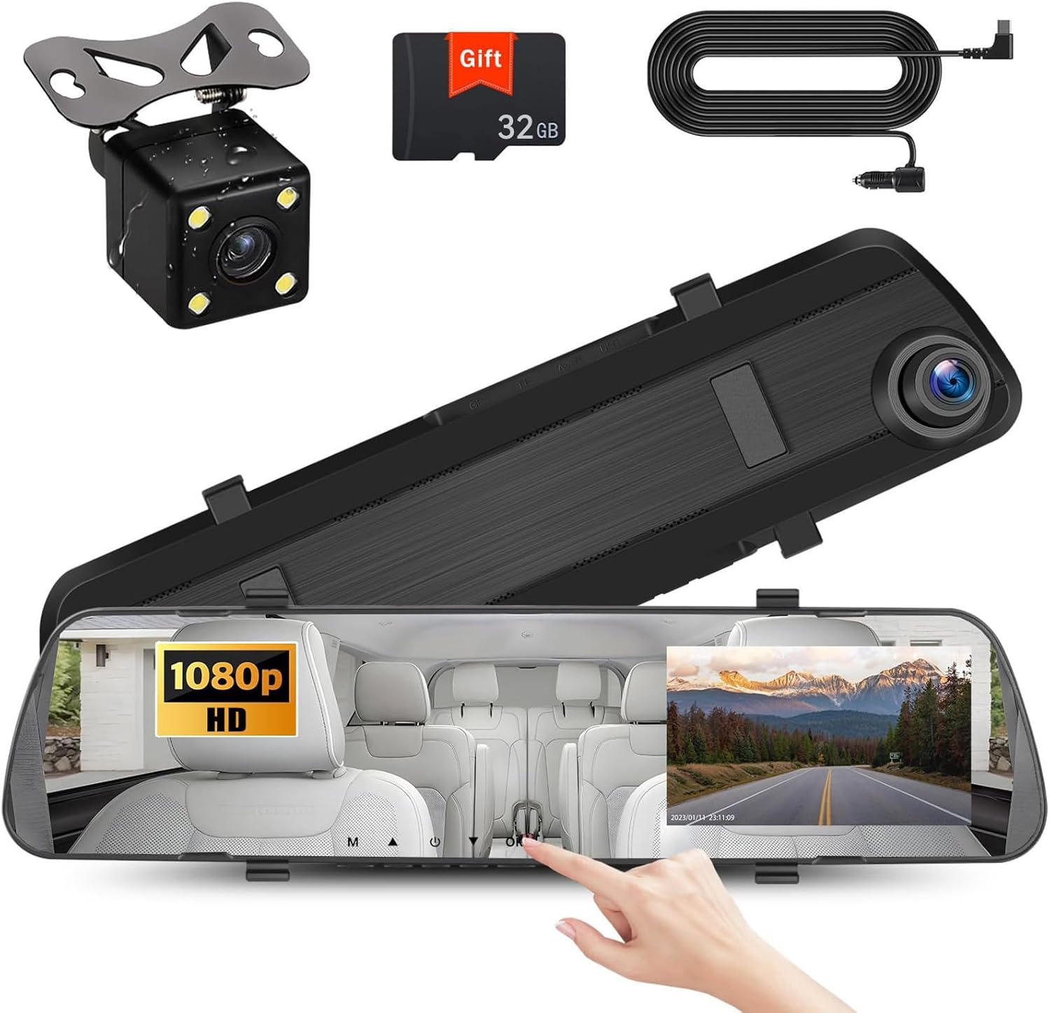 UNITOPSCI Mirror Dash Cam 4 Inch Rear View Mirror Camera 1080P Front and Rear View Dual Cameras with 32G Card, Motion Detection, Night Vision, Parking Assistance, Loop Recording, 24H Parking Monitor