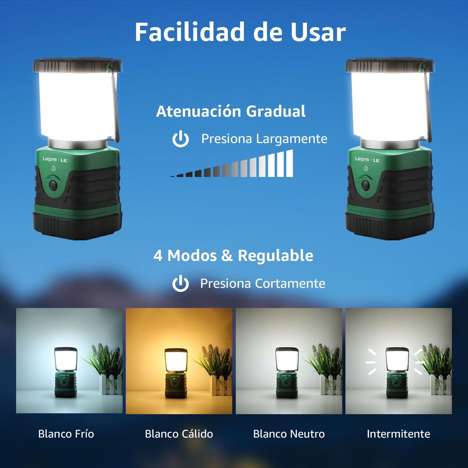 Lepro Linterna de Cámping LED Recargable USB, Farol Portátil 1000 LM de Alta Luminosidad con 4 Modos y Batería de Hasta 12h, Lámpara Impermeable IPX4 para Emergencias, Senderismo y Pesca