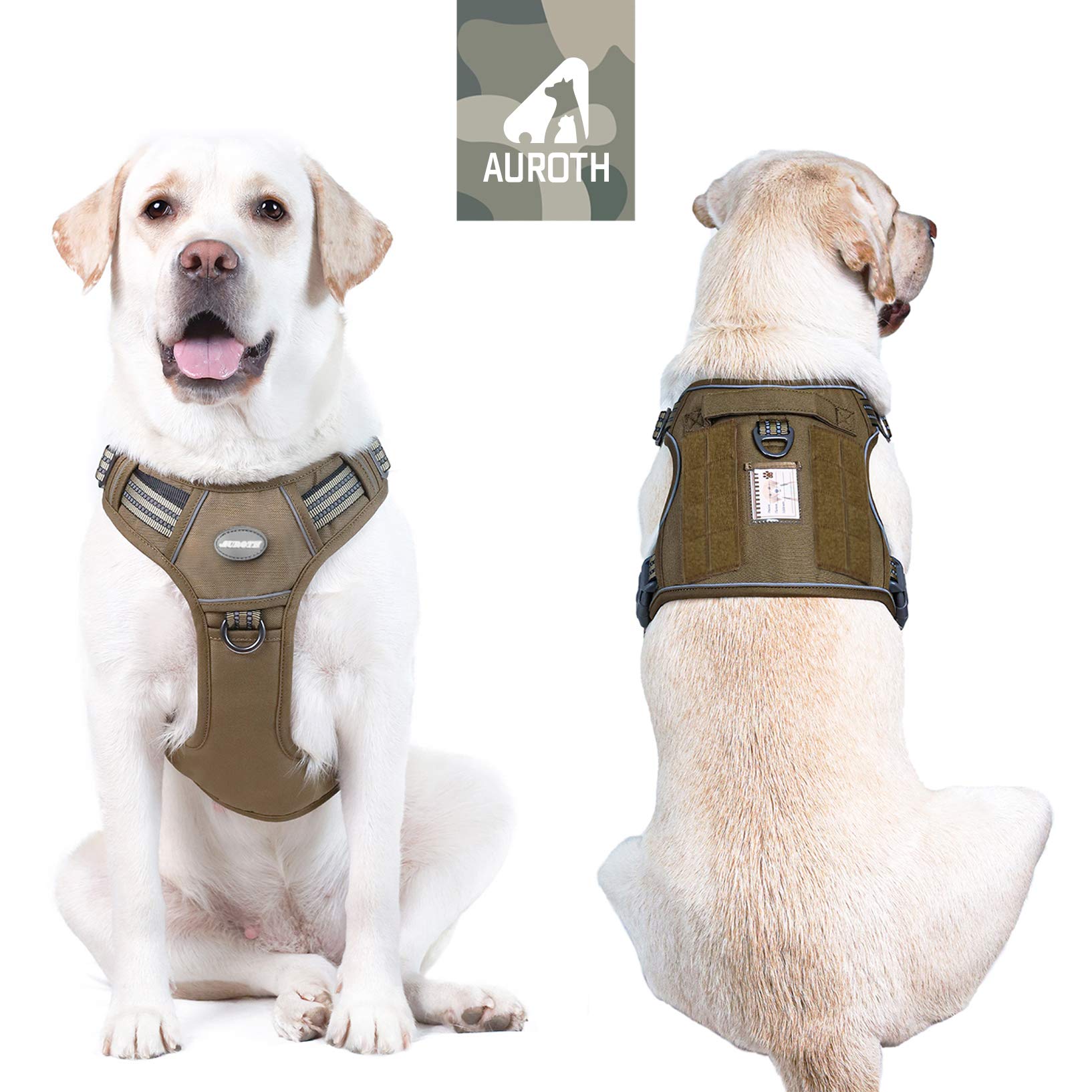 AUROTH Harnais de Chien Anti Traction, Harnais Tactique Chien Respirant Réglable Facile à Mettre pour Moyen Grand Chien, Gilet Durable Réfléchissant, Matériel Militaire Taille L, Brun Vert