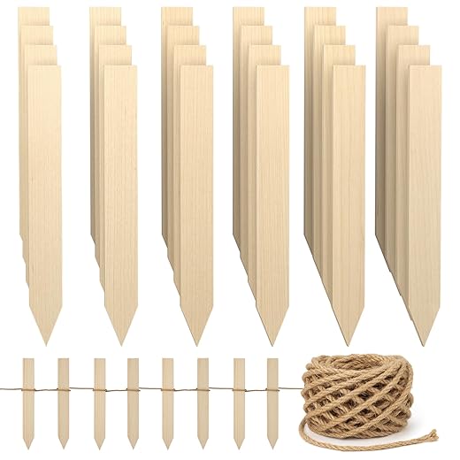 24 Pcs 11.4 Inch Wooden Garden Stakes with 65 Feet Jute Twine, Survey Grading Stakes, Plant Support Stake, Sign Posts for Silt Fence Yard Farm Boundaries Baselines, Garden Decoration