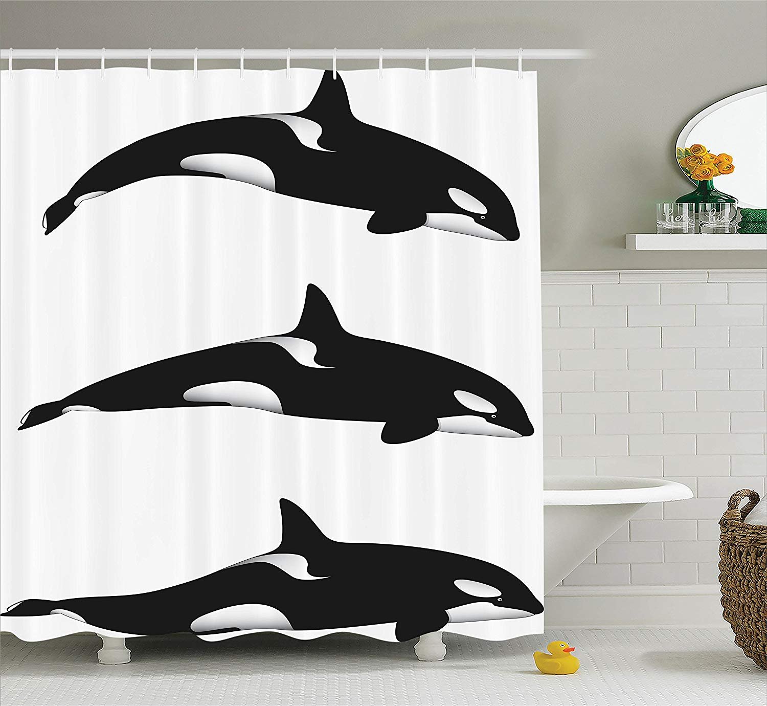 gwegvhvg Fish Shower Curtain Set Sea Animals Decor Three Orca Killer Whales Black and White Pattern Art Print Bathroom Accessories with Hooks 180x180CM White Black