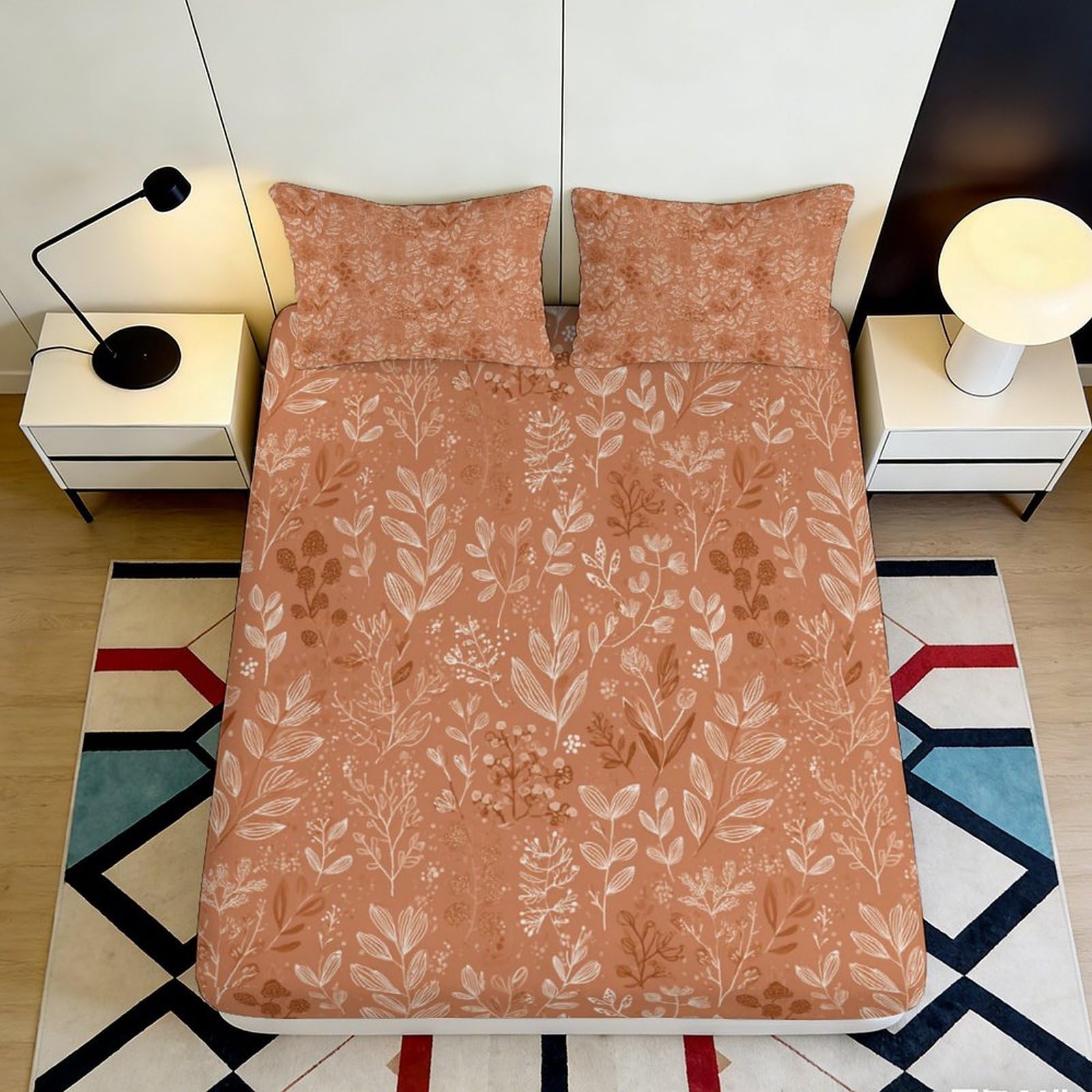 3D Printed Botanical Leaf Pattern Fitted Sheet Microfiber Rust Orange Mattress Cover for Bedroom Guest Room Decor 90x200x25cm