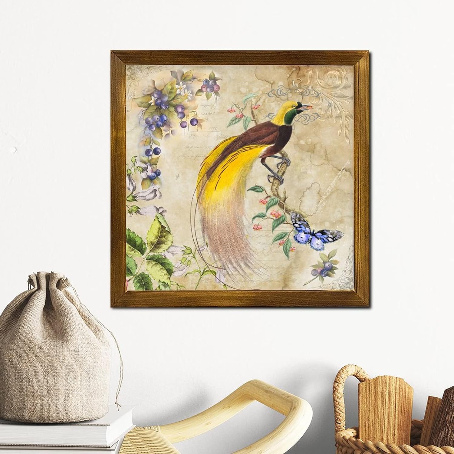 French Yellow Bird Butterfly Orchid Flower Wooden Framed Sign Vintage French Poster Wood Sign Plaque Farmhouse Garden Floral Wall Decor Farmhouse Rustic Wooden for Indoor Holiday Home 12x12 inch