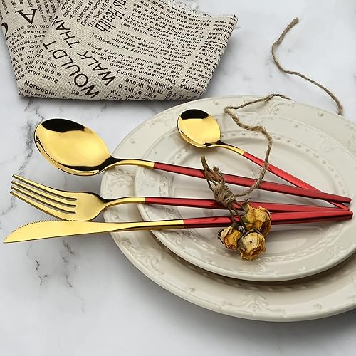Miniatura 3 de 24 cubiertos dorados de espejo con mango rojo, juego de cubiertos de acero inoxidable 180, vajilla de cocina incluye cuchillo, tenedor, cuchara y