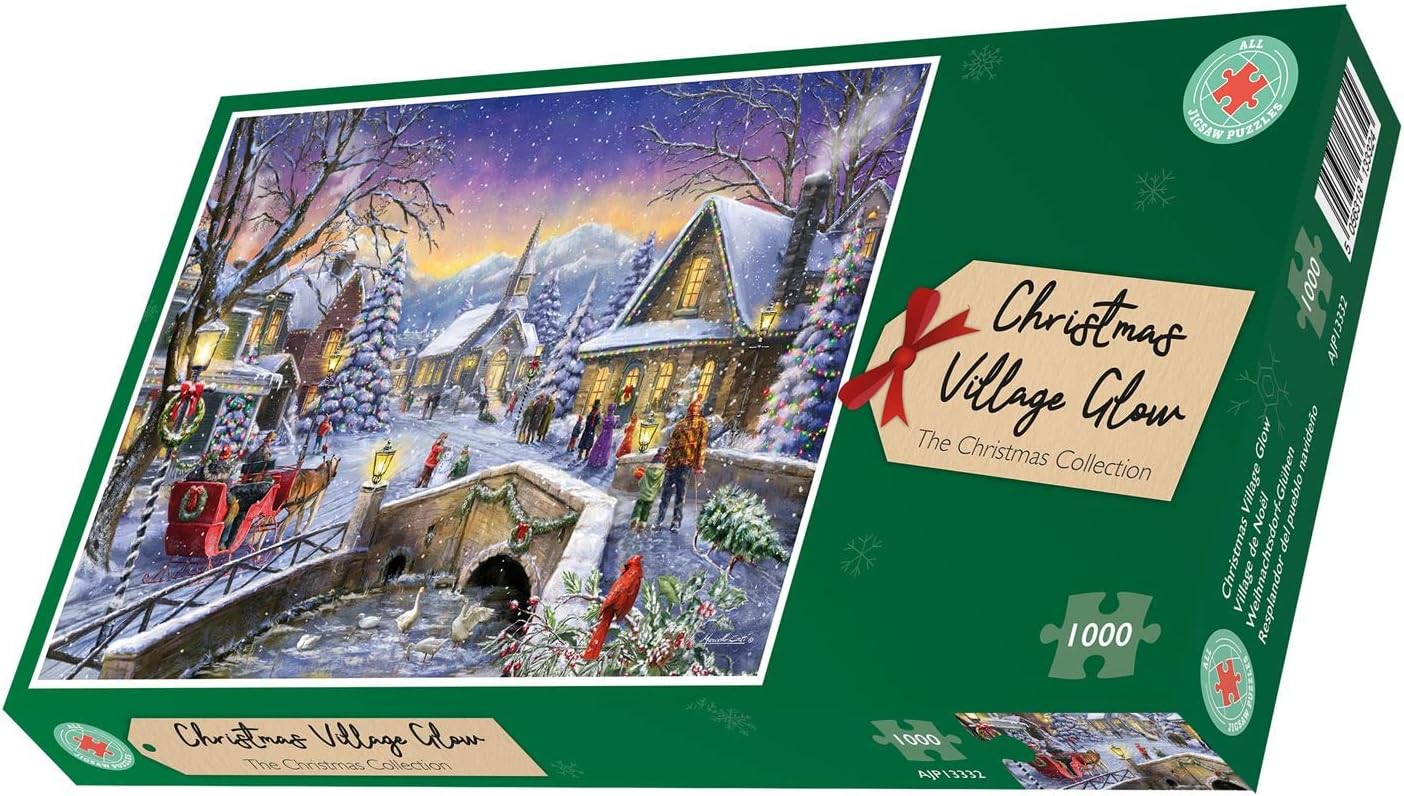1000 Piece Jigsaw Puzzle - Christmas Snowy Village Glow Soft Touch Fine Art Trees, Sleds, Snowman and Duck Pond