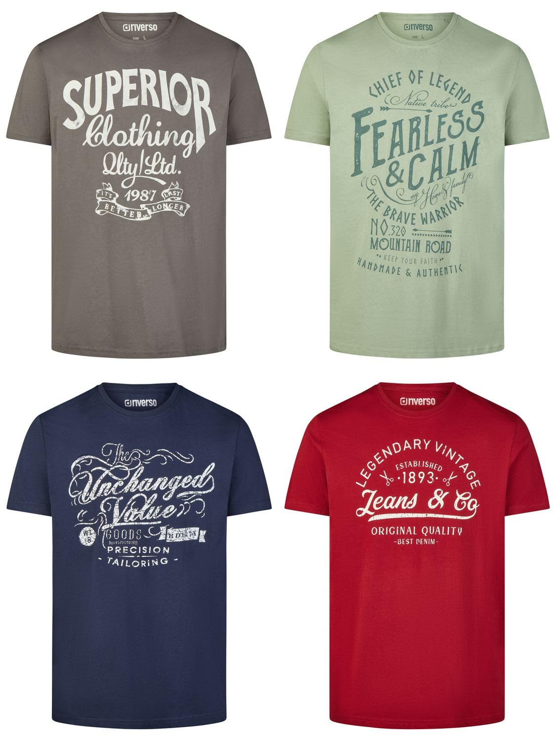 riverso Tshirt Herren Baumwolle Regular Fit RIVLeon 4er Set Pack Rundhals Kurzarm Sommer Tee Shirt Print Grün Blau Weiß Grau Rot Orange S M L XL XXL 3XL 4XL 5XL