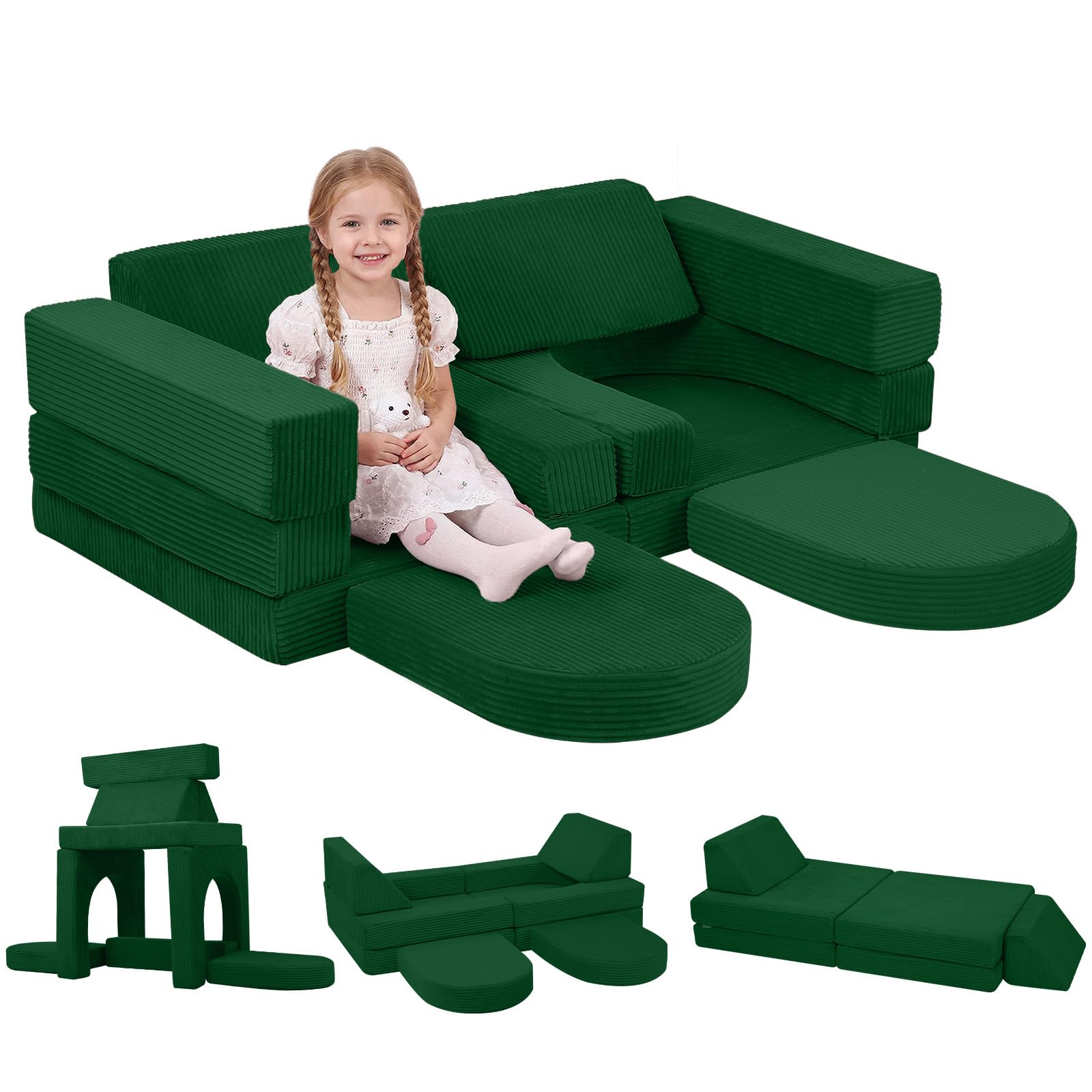 MeMoreCool Corduroy Kids Sofa, Modular Toddler Chair Couch, Fold Out Foam Couch for Girls Boys, Convertible Armchair Children Sofa, Green โ image 1