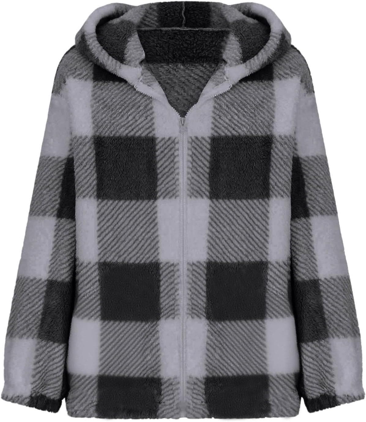 Girls Plaid Fuzzy Hooded Jacket Zip Up Fleece Sherpa Coat Plush Soft Warm Shacket Teen Winter Long Sleeve Outerwear