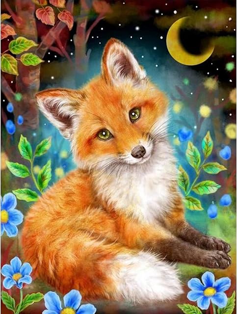 AIRDEA 5D Fox Diamond Painting Kits for Adults Kids, DIY Flowers Diamond Painting Kits, Round Full Drill Fox Diamond Art Kits Animal Gem Art Fox Painting Picture Home Wall Decor 11.8x15.7 inch