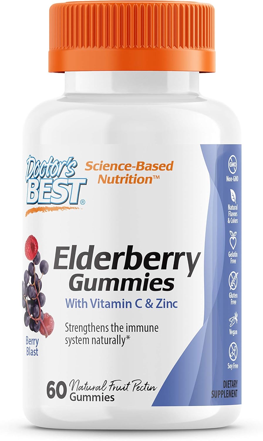 Doctor's Best Elderberry Gummies with Vitamin C & Zinc, 60 Ct, Chewable Immune Support, Antioxidant Herbal Supplement, Non-GMO, Vegan (Packaging May Vary) : Health & Household