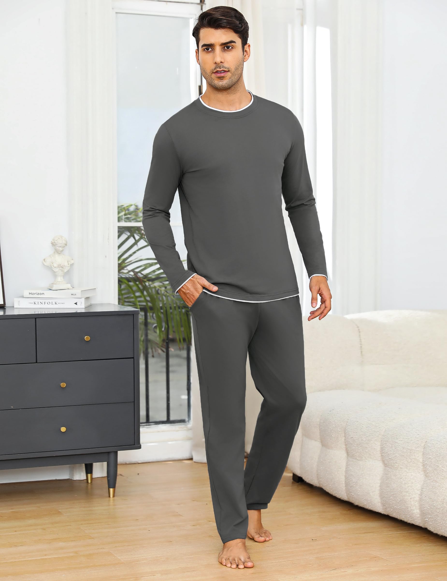 Aseniza Pigiama da Uomo Invernale, Pigiama a Maniche Lunghe in Cotone Semplice ed Elegante Pigiama Morbido Loungewear