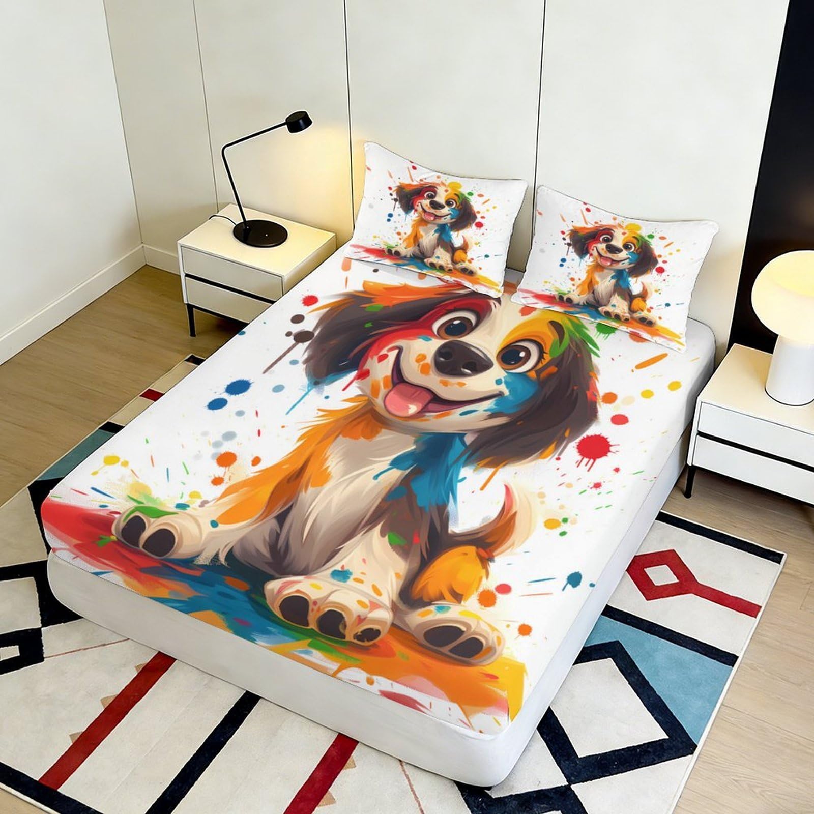 Lenzuolo con angoli con stampa 3D, motivo cani, in microfibra, antiscivolo | morbido, coprimaterasso, facile da pulire, traspirante, lavabile in lavatrice, 160 x 200 x 25 cm