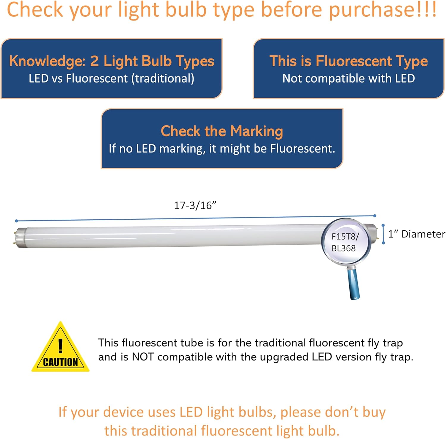 Awoco F15T8/BL368 fluorescent UV light bulb with dimensions
