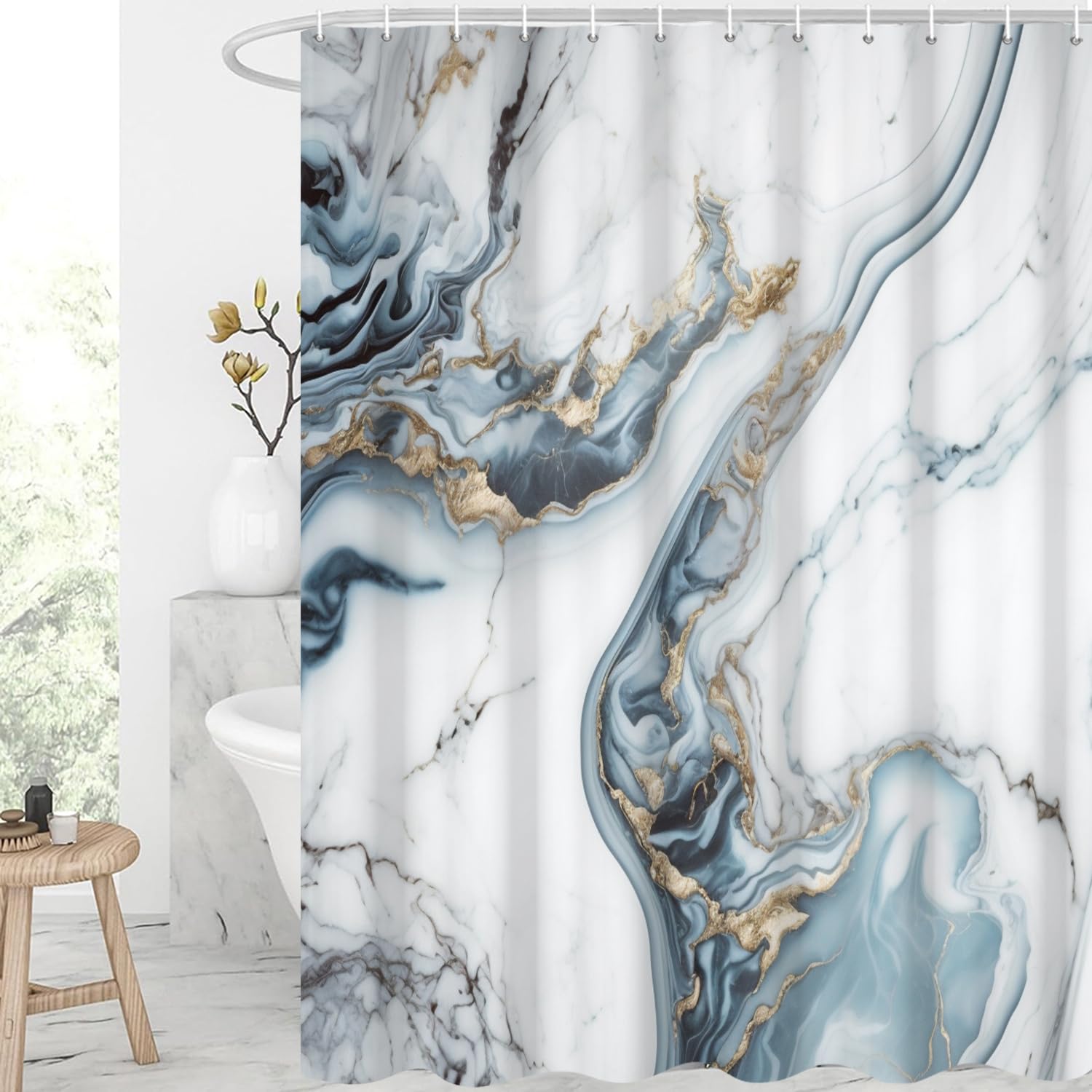 GCIREC Shower Curtain, 120x200cm, Blue and White Marble Modern Crack Luxury Texture Ink Waterproof Fabric Machine Washable Bathroom Curtain with Hooks
