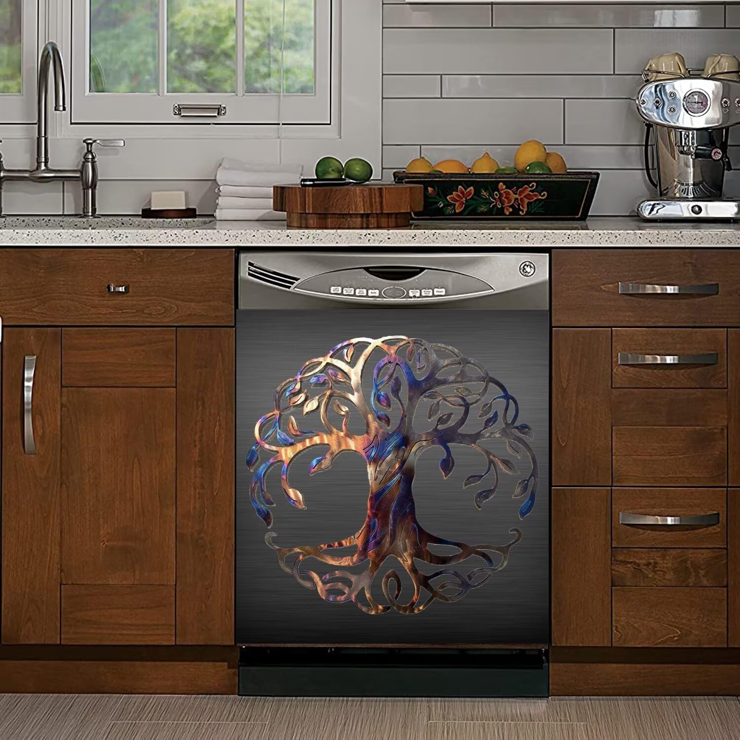Colorful Metal Tree of Life Dishwasher Magnet Cover for The Front, Black Brushed Stainless Steel Refrigerator Stickers Magnets Full Door Cover, 23" W x 26" H Vinyl Decal for Dishwasher (Magnetic)