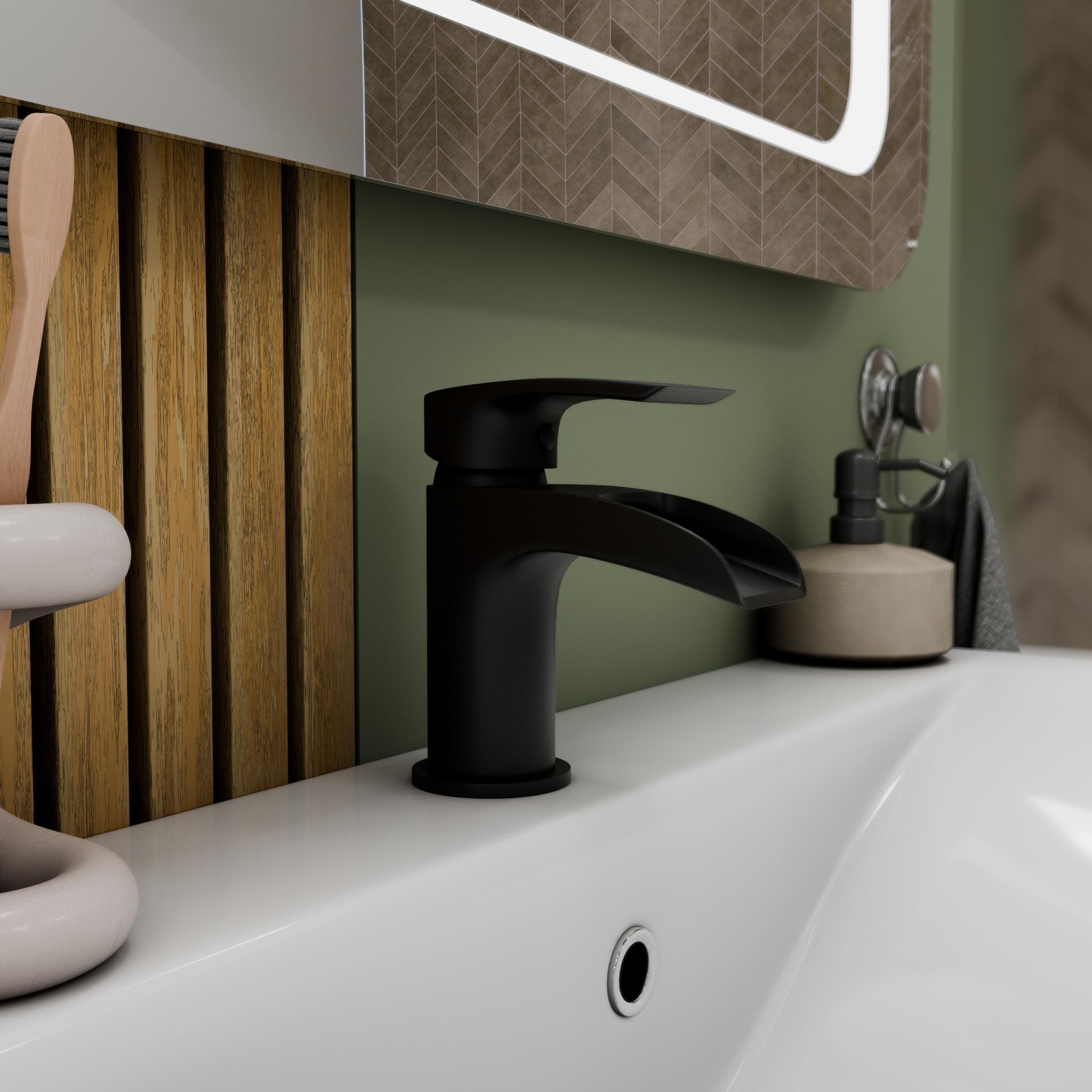 VeeBath Stream Robinet mitigeur de lavabo rond cascade mono, finition noire mate, levier unique, robinet d'évier moderne avec bonde de vidage, robinet de salle de bain monté sur le plateau, design