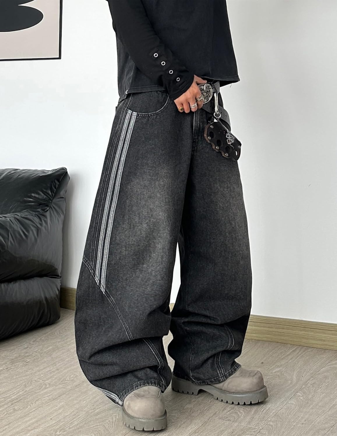 Men's Wide Leg Jeans Irregular Sutures Baggy Pants Loose Fit Skater Jeans Trousers with Pockets - Image 2