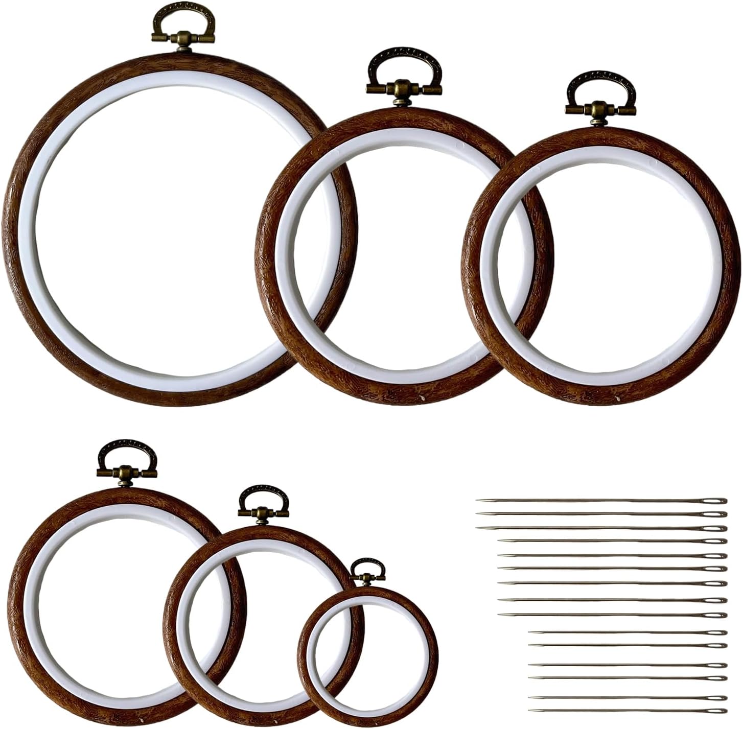 6 Pcs Imitated Wood Embroidery Hoops Frame, Round Cross Stitch Hoop with 16 Needles for Art Craft DIY Sewing