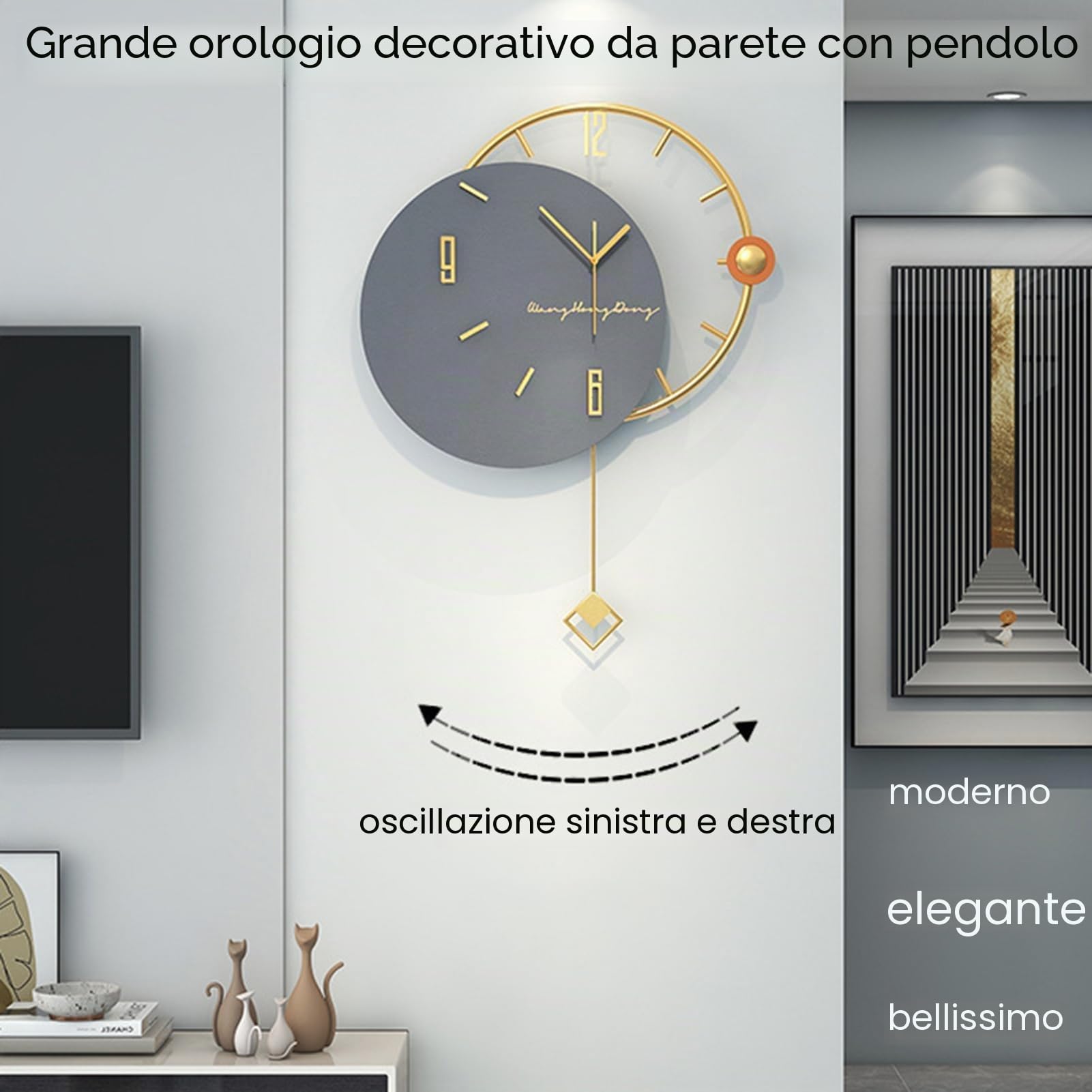Orologio da parete gigante con pendolo, movimento al quarzo moderno silenzioso per ufficio, soggiorno, camera da letto, 52 cm x 68 cm