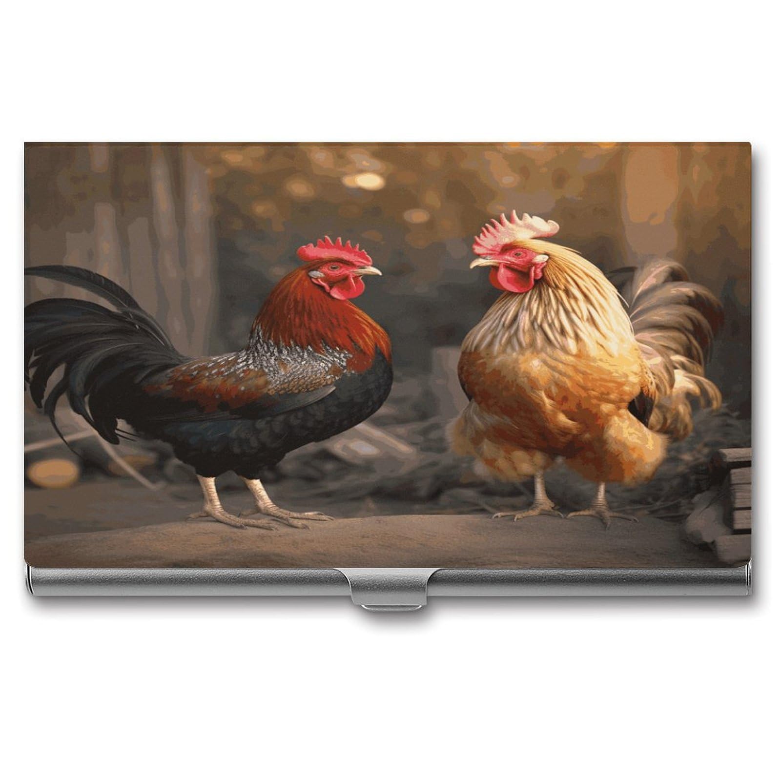 LDGSUPH Rooster And Chicken Business Card Holder Fashion Slim Name Card Holder Minimalist Design Case Metal Card Carrier Personalized Business Card Case with Flip for Men Women