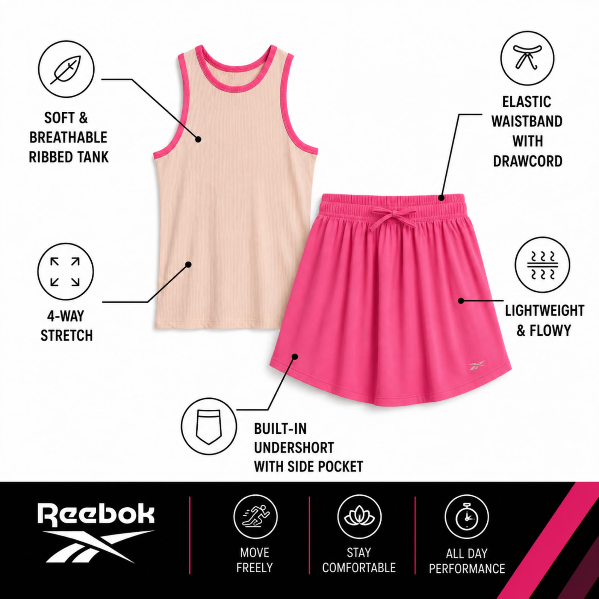 Reebok Conjunto de pantalones cortos para niña, 2 piezas, de punto acanalado, sin mangas y pantalones cortos de mariposa con cordón (tallas: 7-12)