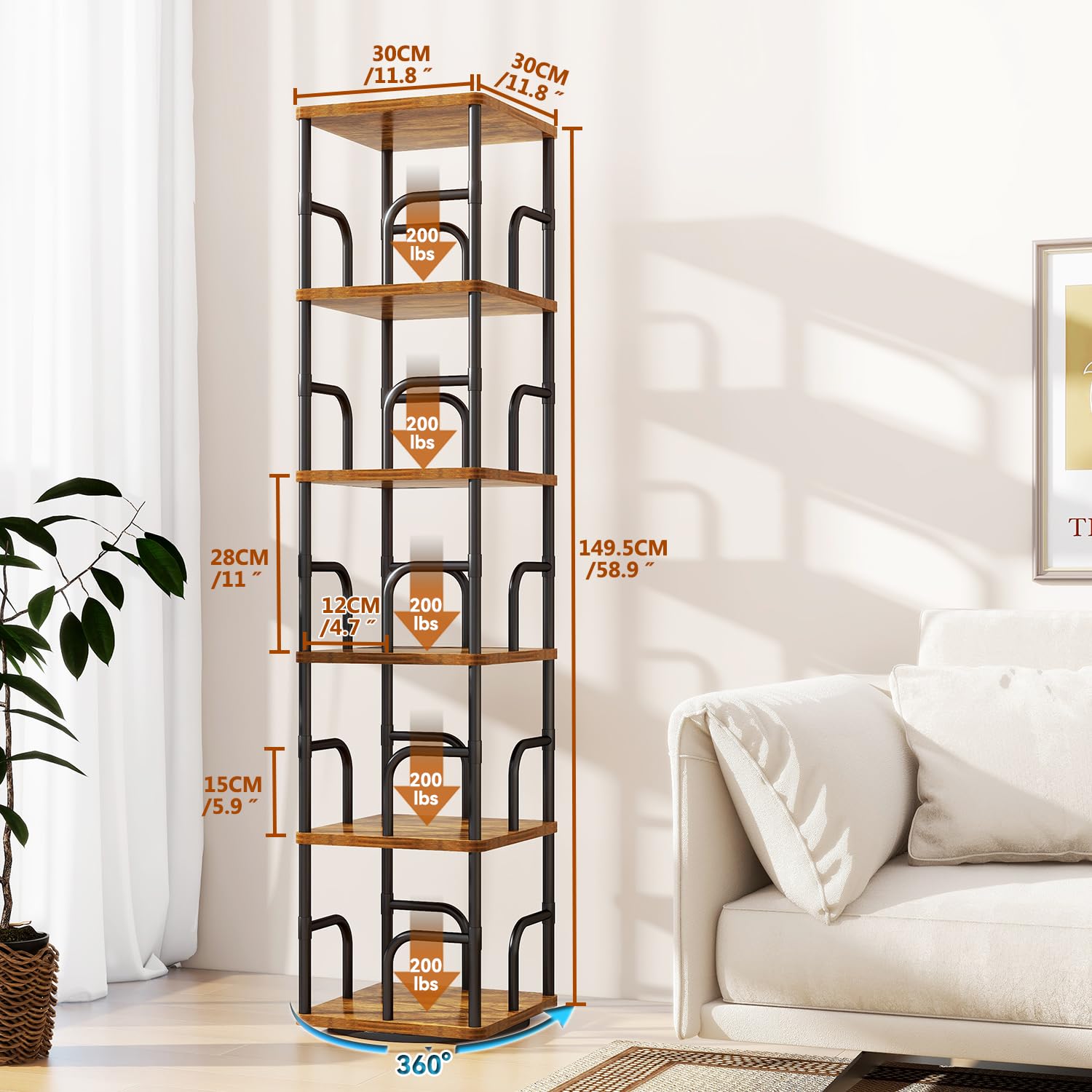 IBUYKE Bibliothèques Rotative à 5 Niveaux,Bibliothèque Enfant,Étagère Pivotante Verticale à 360°,Bibliothèque Multifonctionnelle en Bois pour Chambre, Salon, Bureau,Marron Rustique,TBC005H