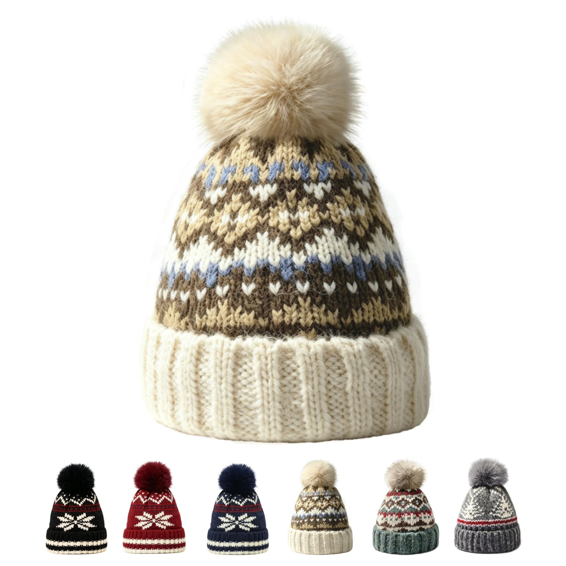 Kids Winter Beanie Hat - Fleece Lined Layer Chunky Knit Pom-Pom Stocking Cap for 3-12 Years Boys Girls Cold Weather